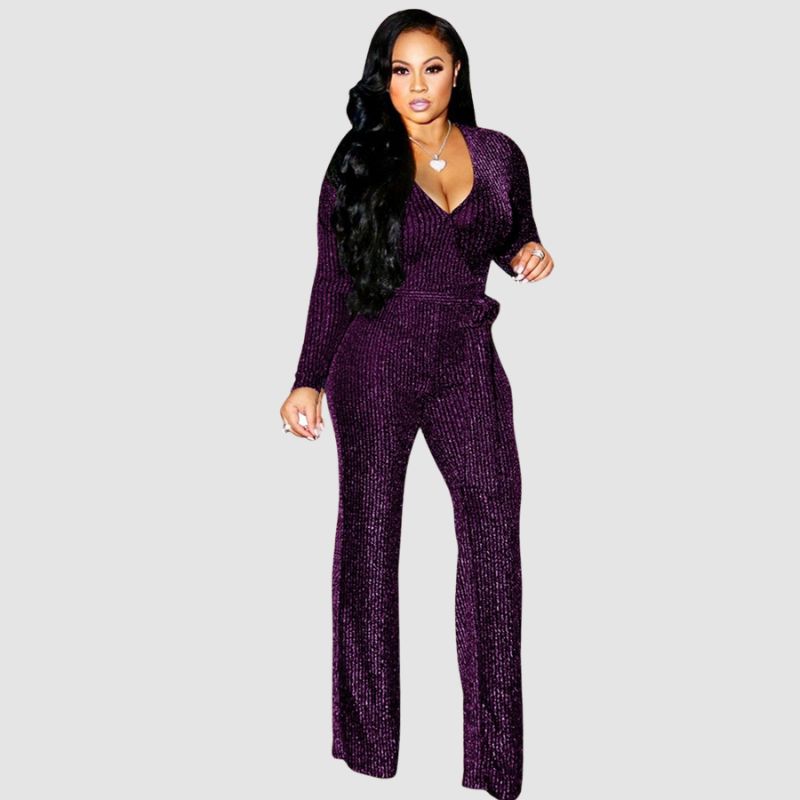 V-neck Shiny Jumpsuits