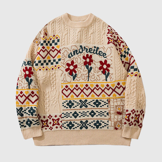 Flower Pattern Stitching Knit Pullover