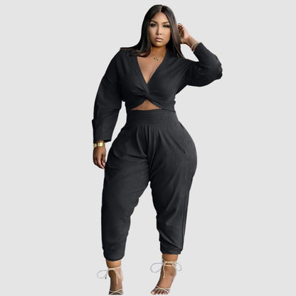 Twisted V-neck Crop Top & High Waist Pant Set