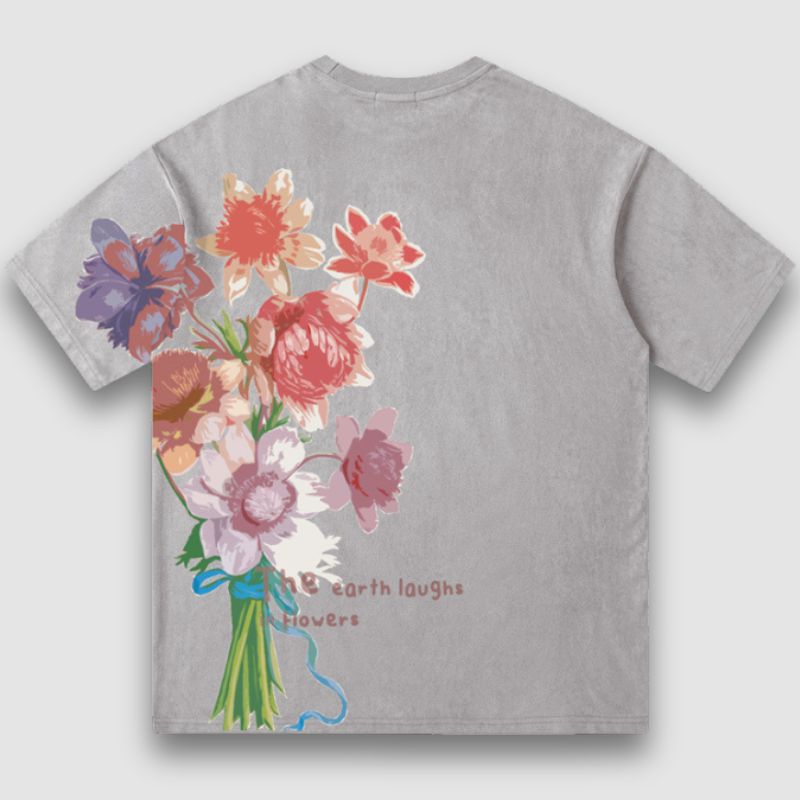 Vintage Lettered Floral Printed Suede Tee