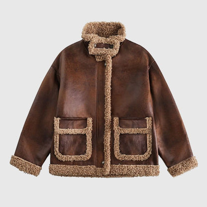 Vintage Faux Shearling PU Leather Motorcycle Coat