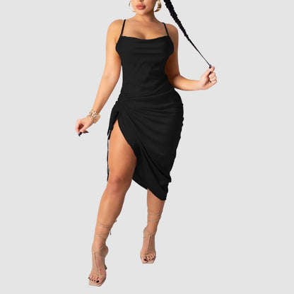 Pleated Drawstring Spaghetti Strap Dress