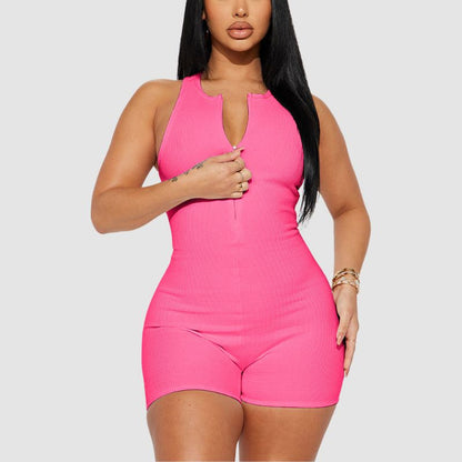 Ribbed Knit Sleeveless Zipper Romper