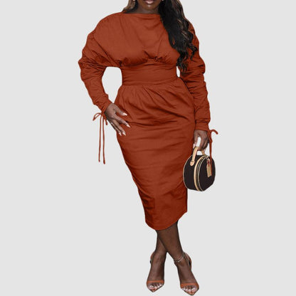 Ruched Drawstring Sleeves Solid Color Dresses