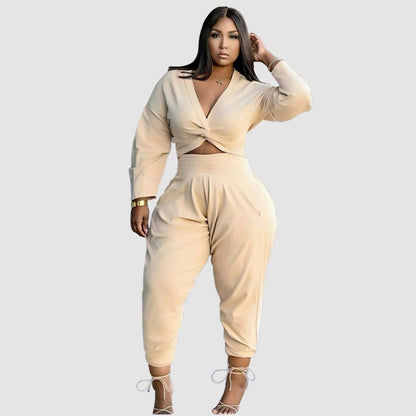 Twisted V-neck Crop Top & High Waist Pant Set