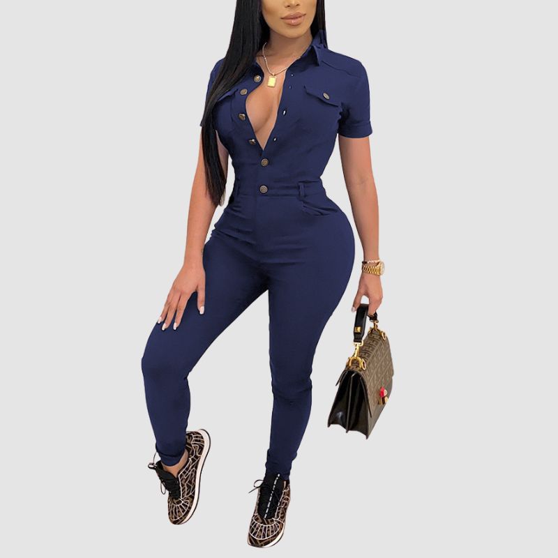 Solid Color Lapel Jumpsuits