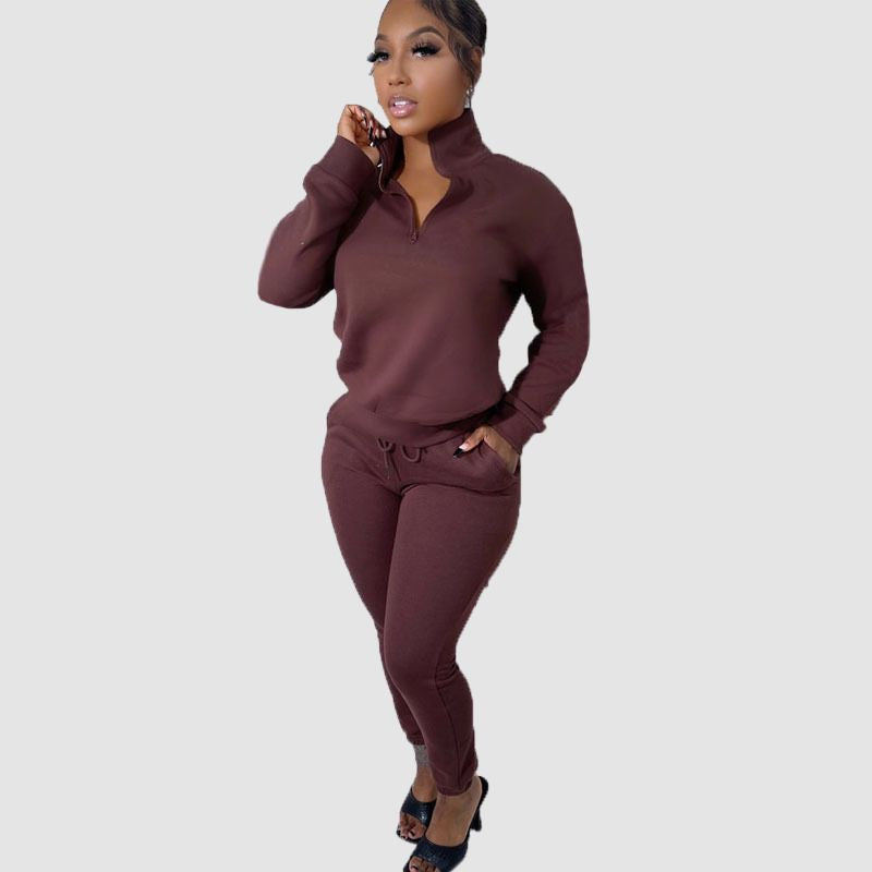 Zipper Sweatshirt & Drawstring Waist Pants Set