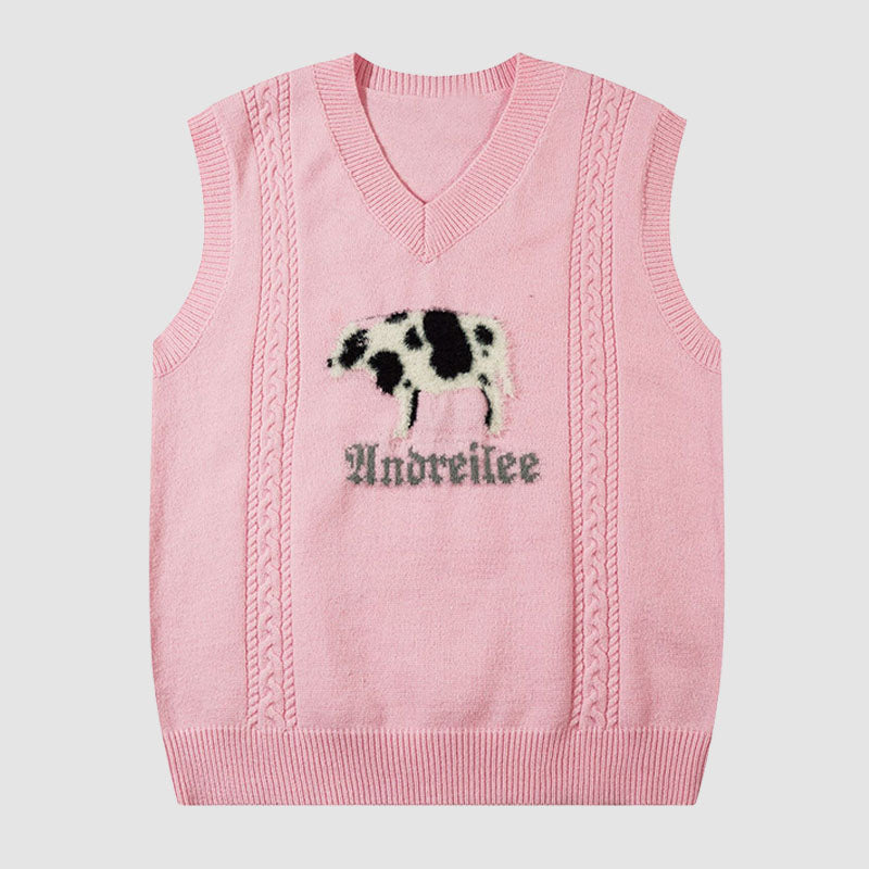 Cartoon Cow Embroidered Vest Sweater