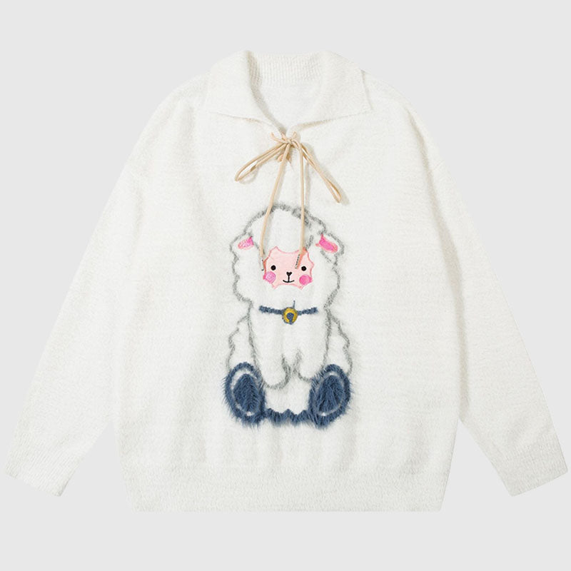 Sheep Pattern Embroidered Mink Hair Pullover