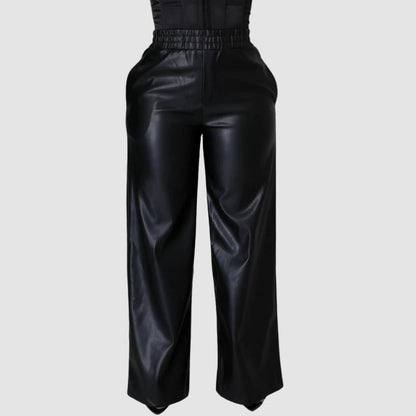 Solid Color Wide Leg PU Leather Pants