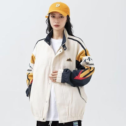 Relaxed Fit Stand Collar Color-Block Jacket