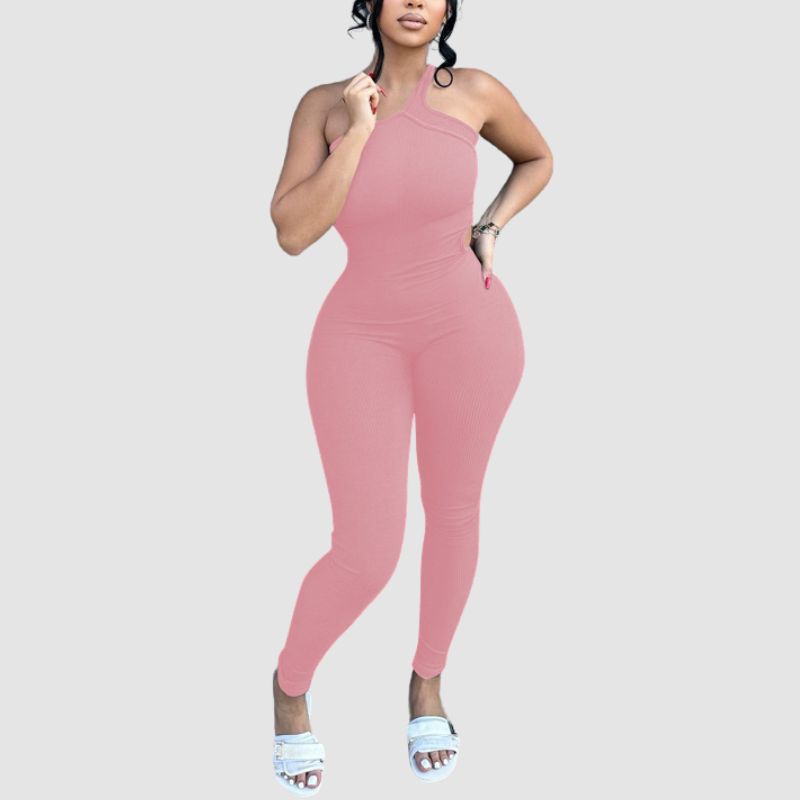 Solid Color Bodycon One Shoulder Jumpsuits