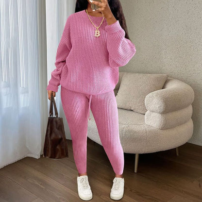 Solid Color Knit Pullover & Pants Set