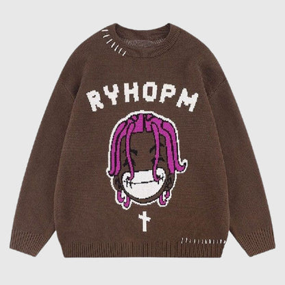 Cartoon Face Printed Pullover