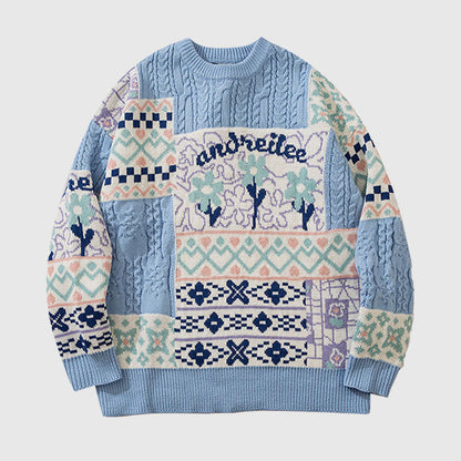 Flower Pattern Stitching Knit Pullover