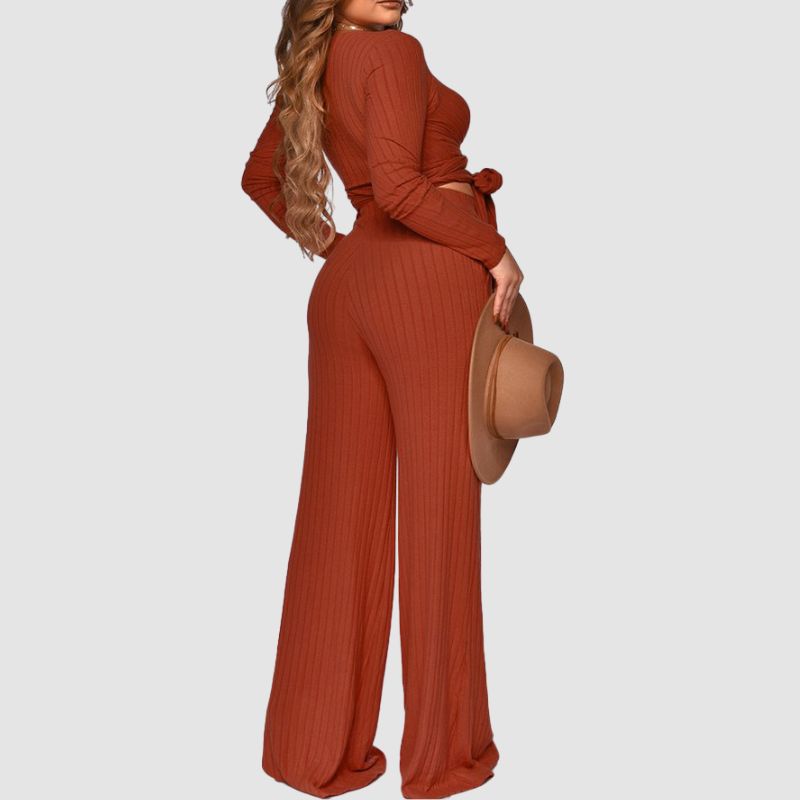 Ribbed Knit Tie-up Top & Wide Leg Pant Set