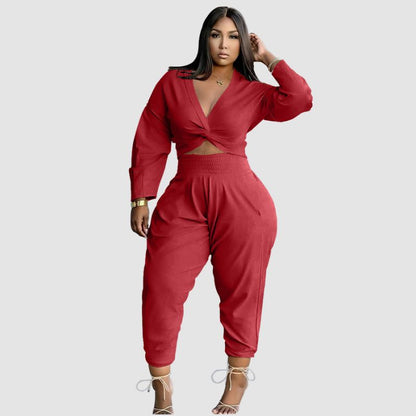 Twisted V-neck Crop Top & High Waist Pant Set