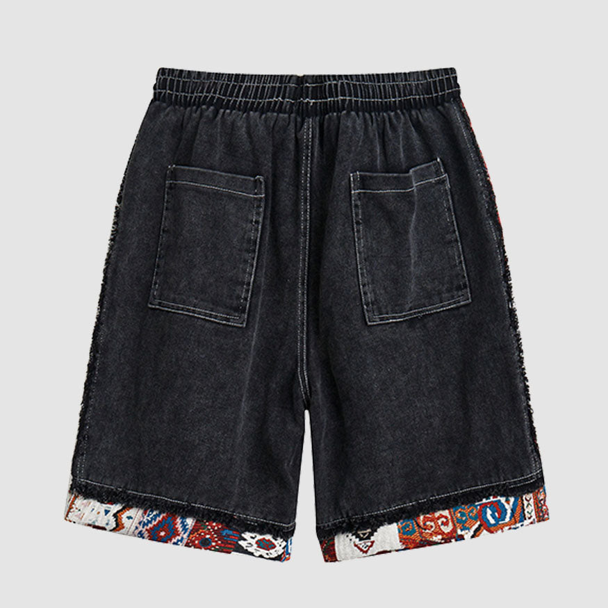 Ethnic Style Denim Patchwork Drawstring Shorts