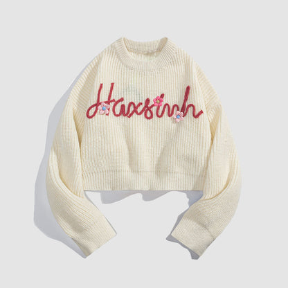 Flower & Letter Pattern Cropped Sweater