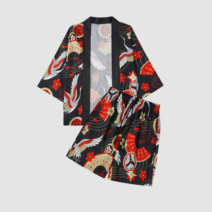 Two Piece Crane Print Kimono + Shorts