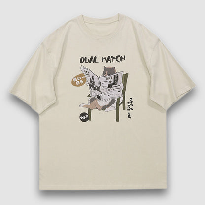 Reading Cat Cartoon Print Tee