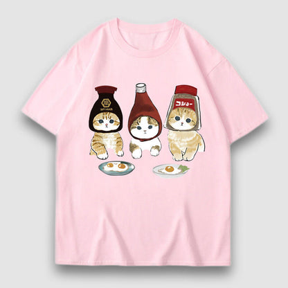 Three Cat Cartoon Print Tee