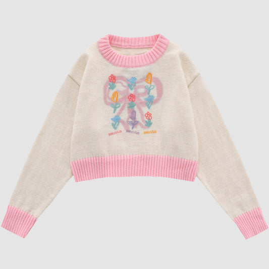 Sweet Bow & Flower Print Cropped Sweater