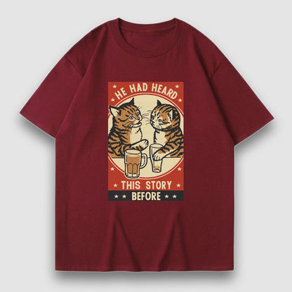 Drinking Cat Cartoon Print Tee