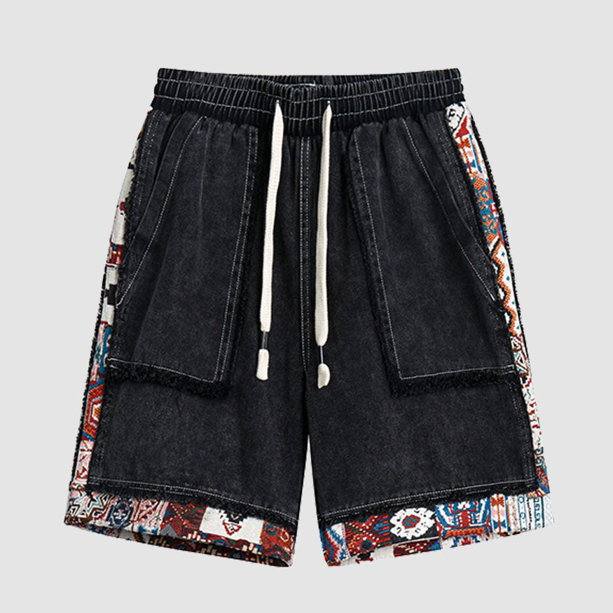 Ethnic Style Denim Patchwork Drawstring Shorts