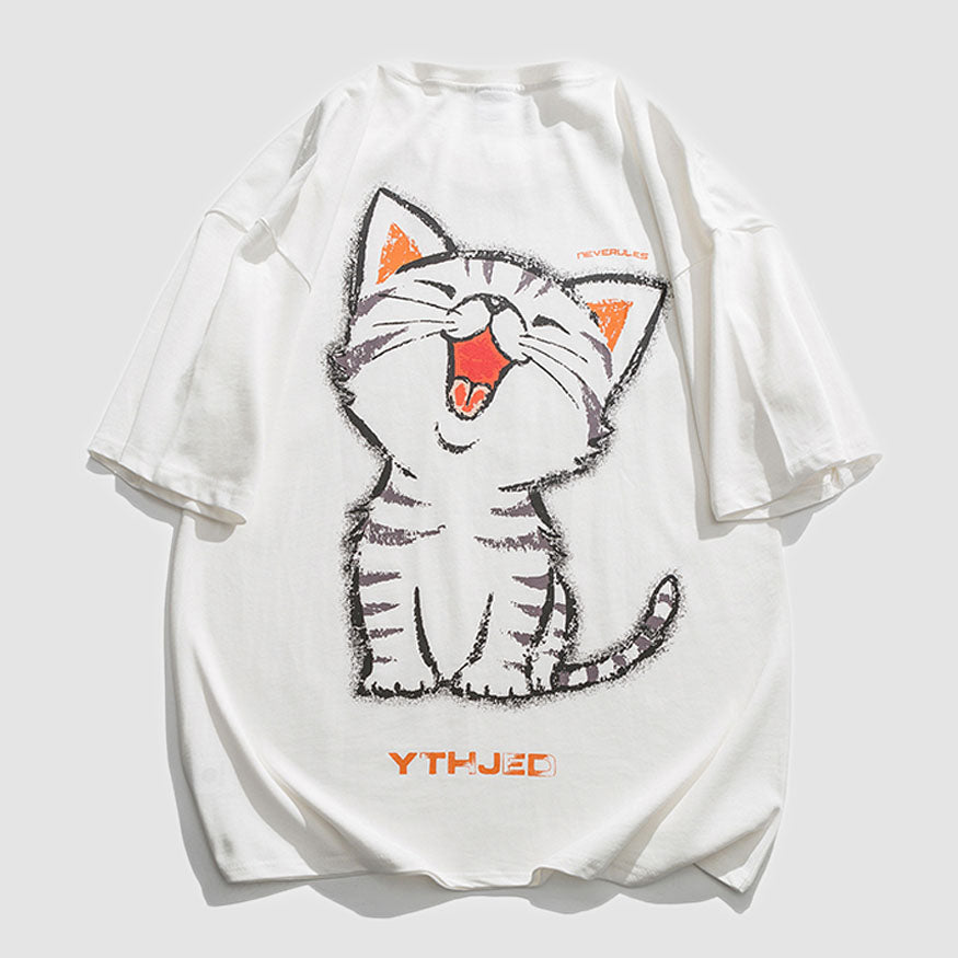 Laughing Cat Cartoon Print Tee