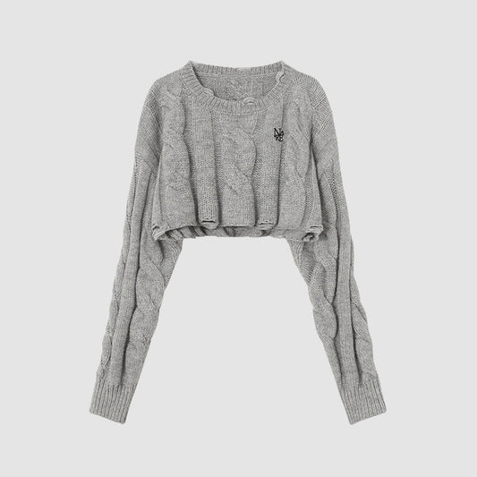 Cable-Knit Ripped Cropped Sweater