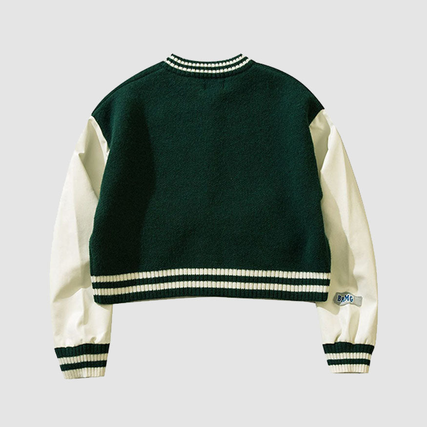 PU Sleeve Patchwork Cropped Varsity Jacket