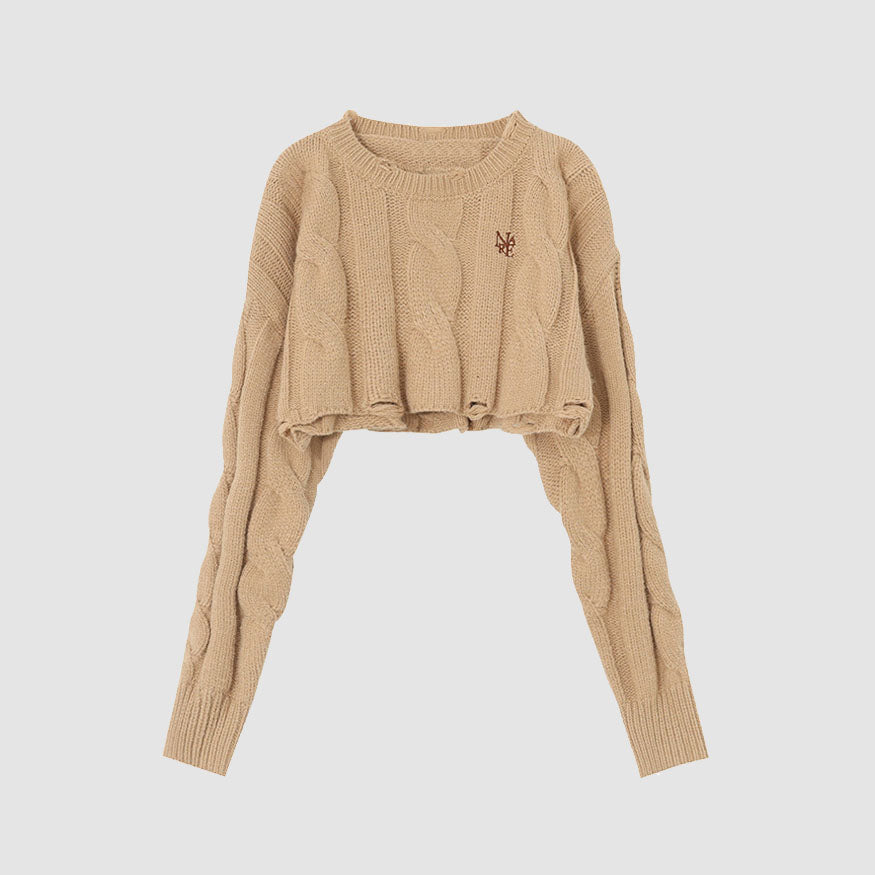 Cable-Knit Ripped Cropped Sweater