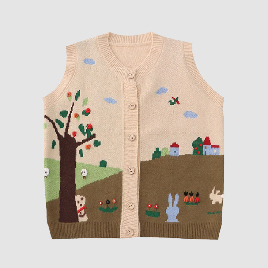 Pastoral Illustration Vest Sweater