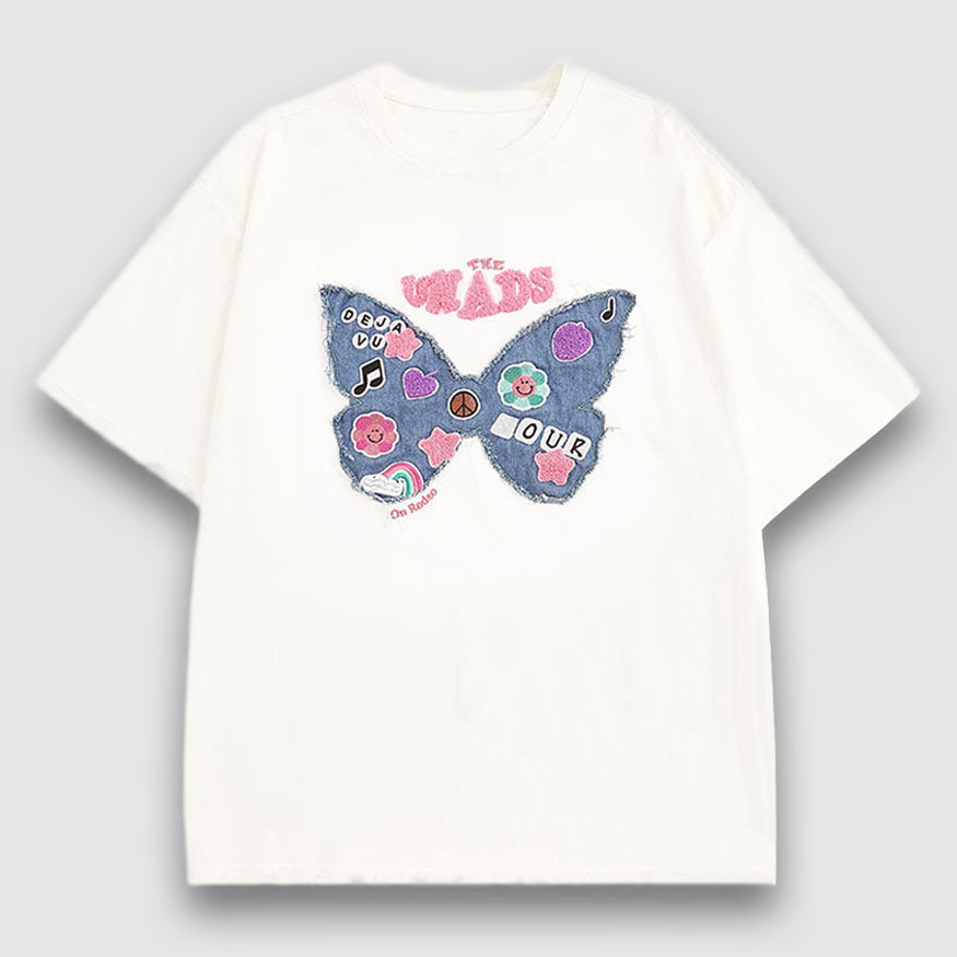 Embroidery Butterfly Denim Patch Tee