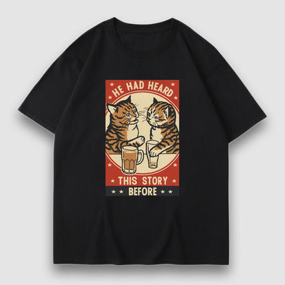 Drinking Cat Cartoon Print Tee