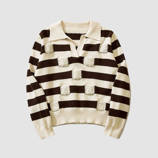 Chic Turndown Collar Striped Cropped Sweater