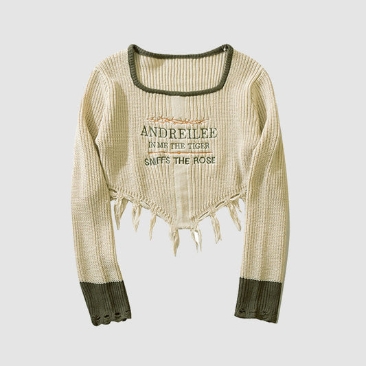 Square Neck Letter Embroidery Irregular Hem Tassel Cropped Sweater