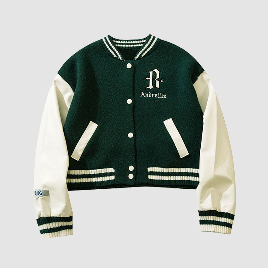 PU Sleeve Patchwork Cropped Varsity Jacket