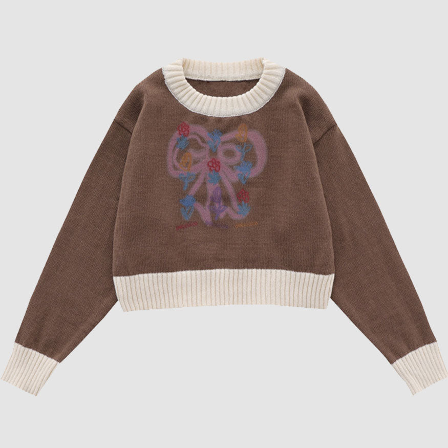 Sweet Bow & Flower Print Cropped Sweater