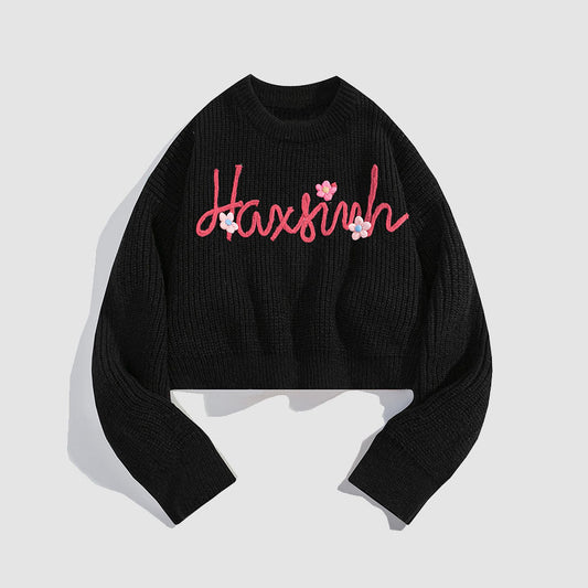 Flower & Letter Pattern Cropped Sweater