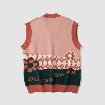 Contrast Color Heart & Flower Pattern Vest Sweater