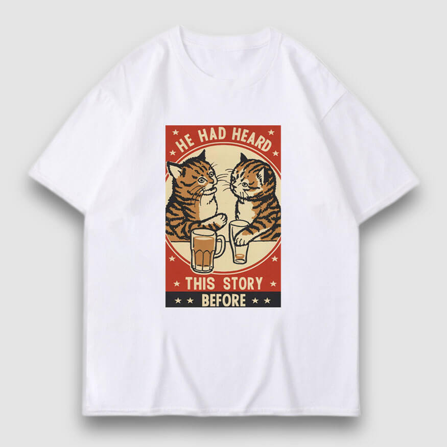 Drinking Cat Cartoon Print Tee