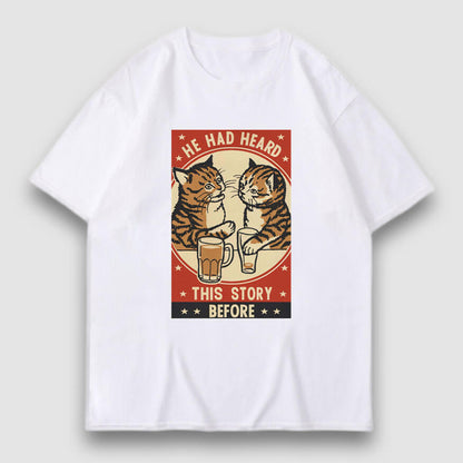 Drinking Cat Cartoon Print Tee