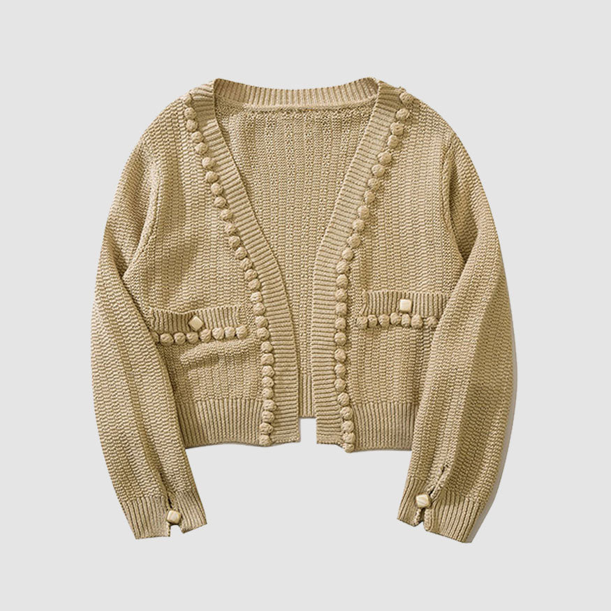 Button Decor Pom-Pom Cropped Cardigan Sweater