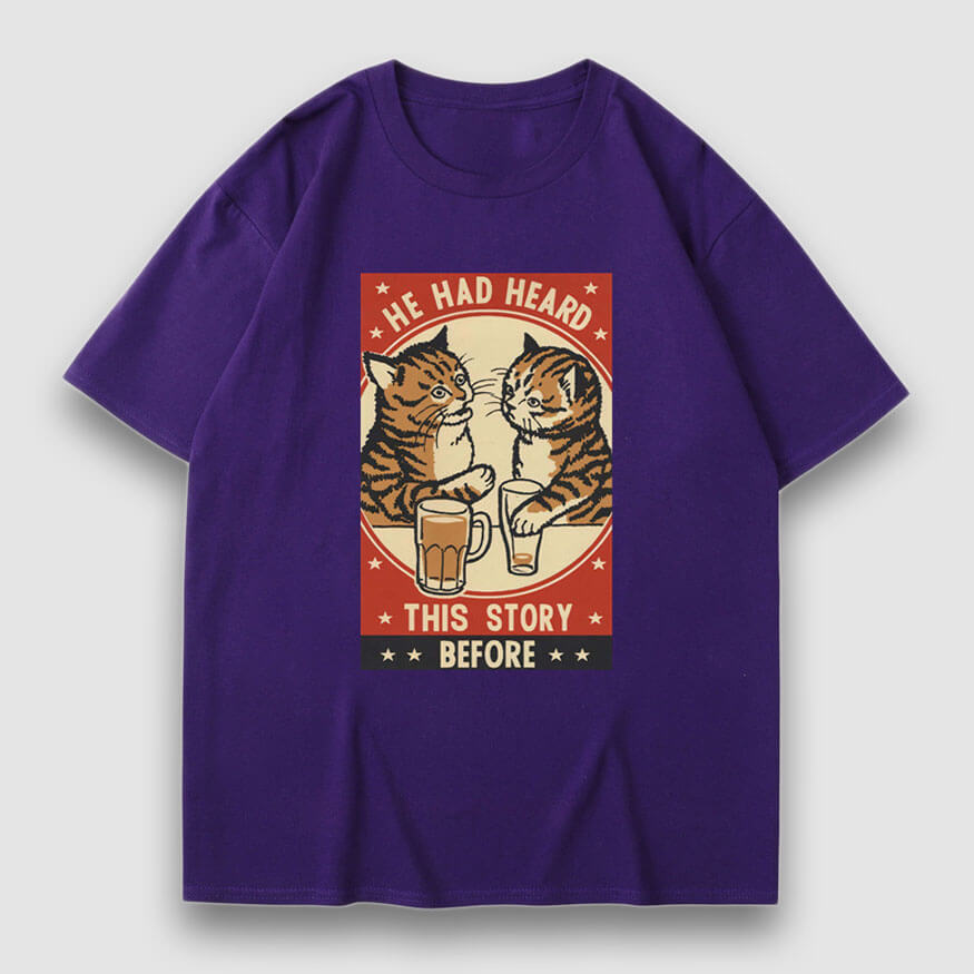 Drinking Cat Cartoon Print Tee