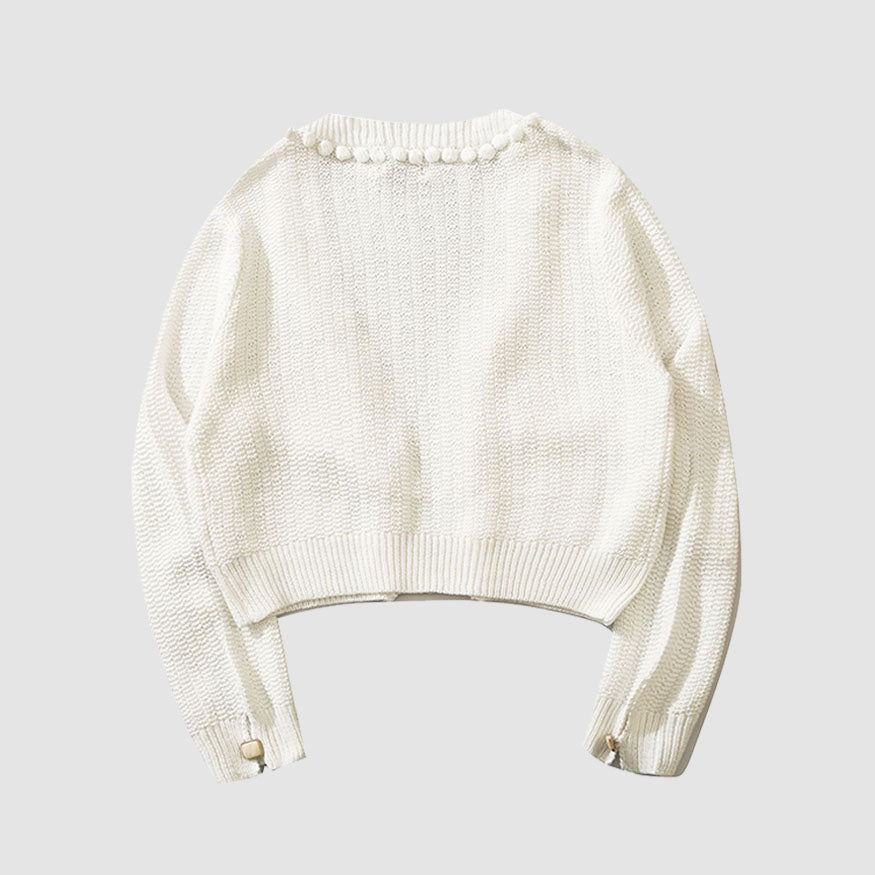 Button Decor Pom-Pom Cropped Cardigan Sweater