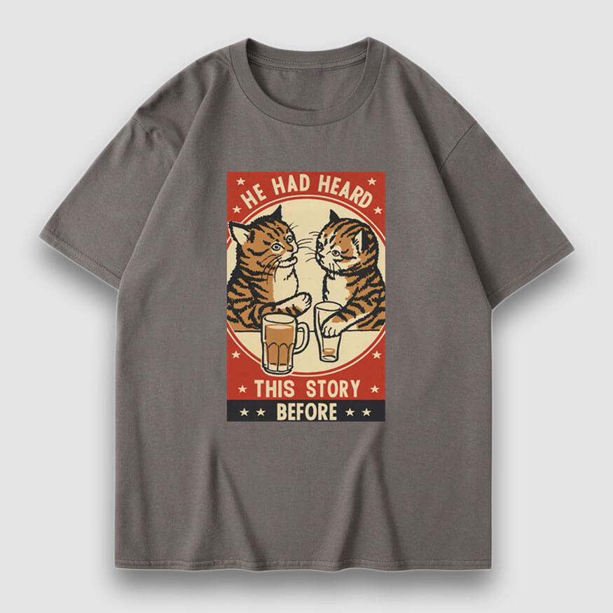 Drinking Cat Cartoon Print Tee