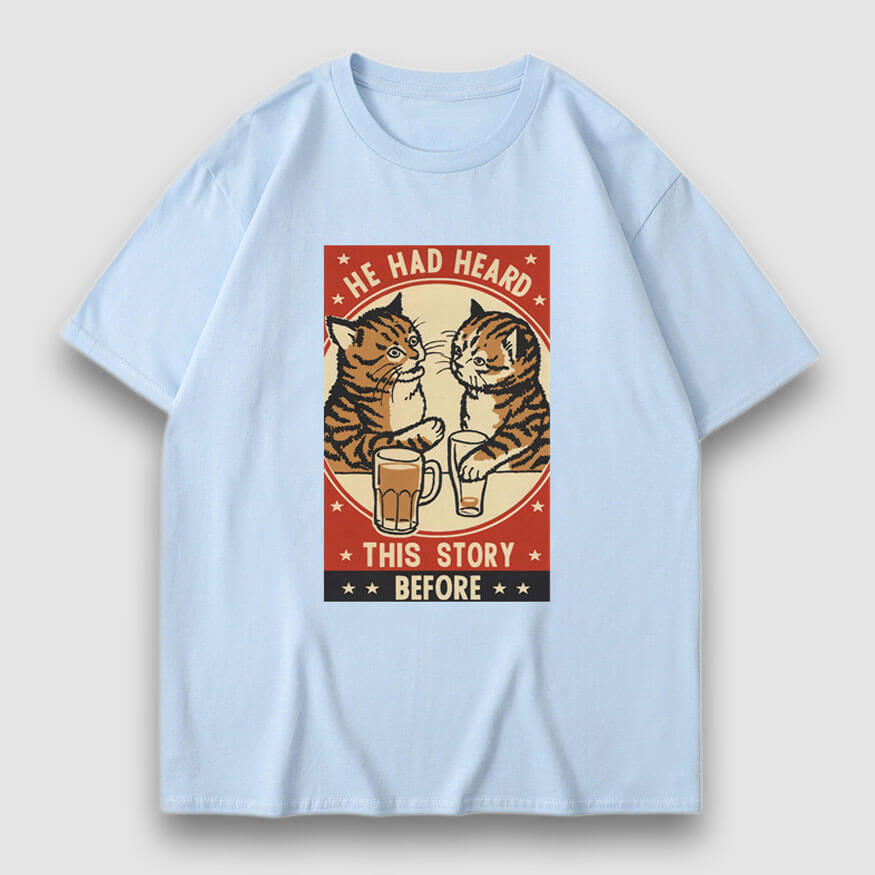 Drinking Cat Cartoon Print Tee