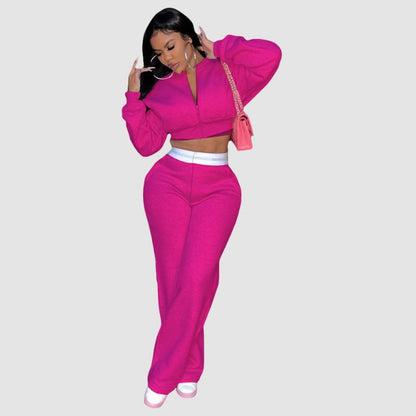 Zipper Sweatshirt & Wide Leg Pant Set